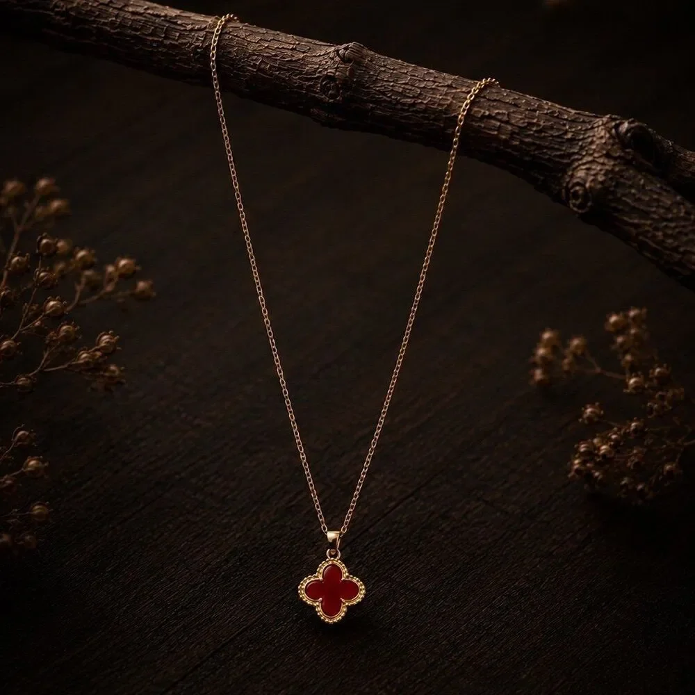 Red Clover Pendant Necklace Gold Tone Minimalist Necklace